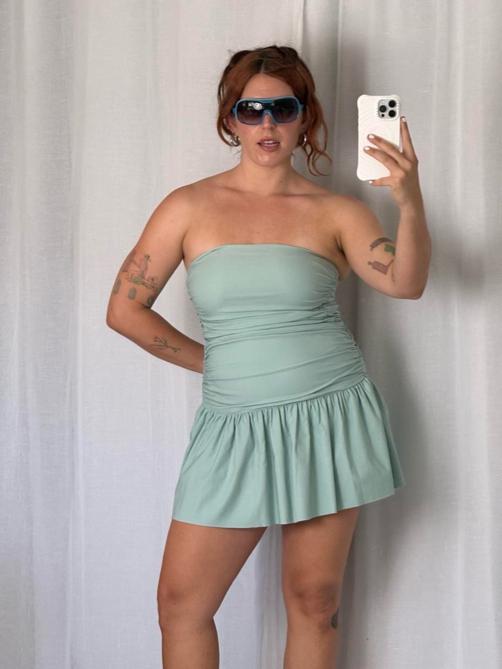 mint seafoam ruched ruffle strapless mini dress ♡
